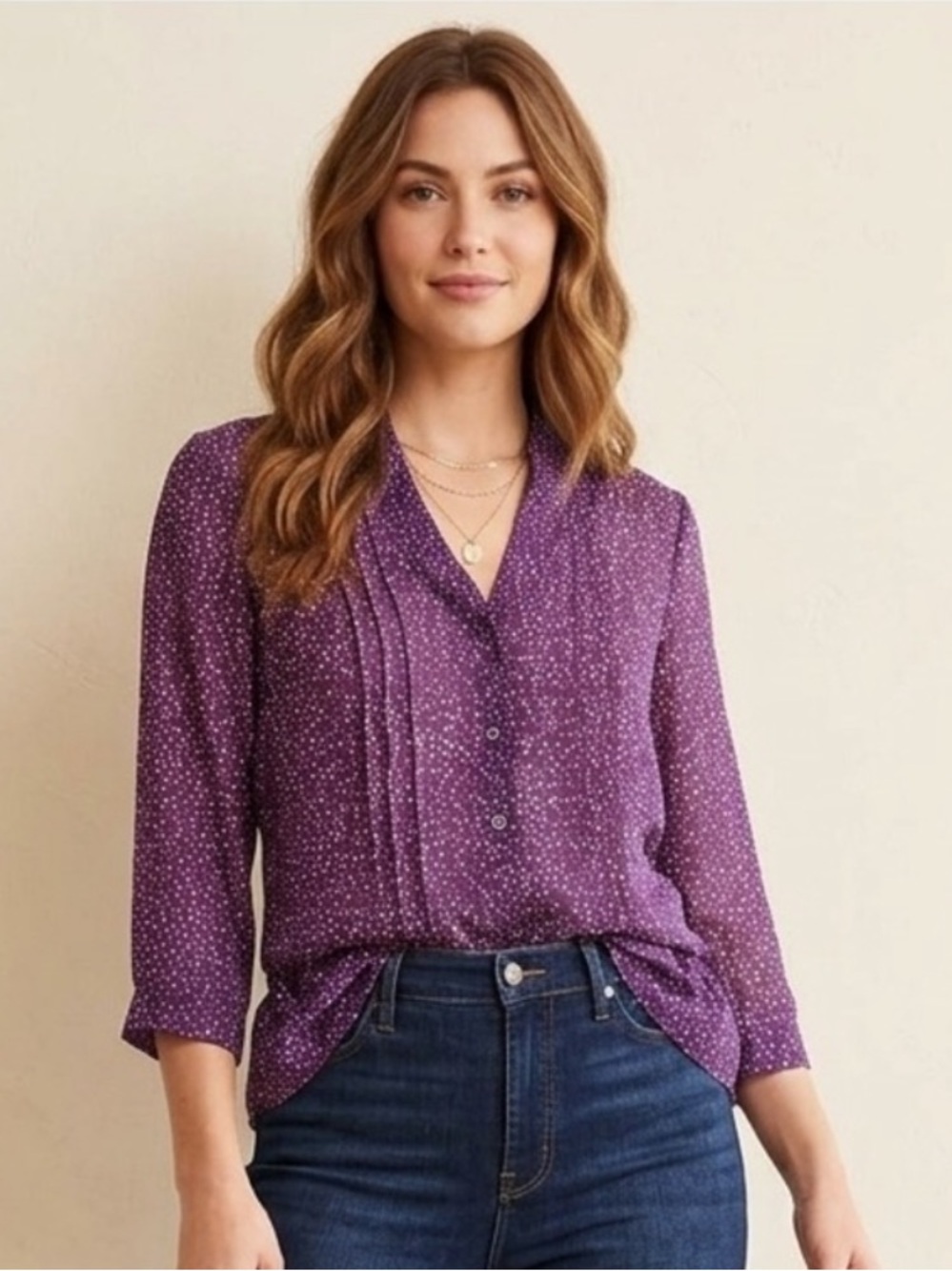 GAP Polka Dot Sheer V-Neck Button Front Long Sleeve Top in Purple